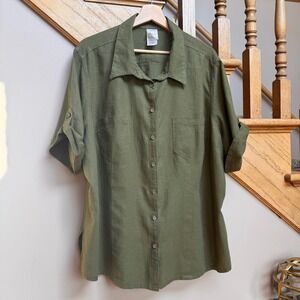 Just My Size Women Button Down Shirt 3X 22W-24W Linen Coastal Grandma Summer